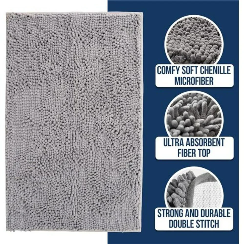 Grey Chenille Bath Mat Large Microfiber Bathroom Rug Non Slip Absorbent 30x19